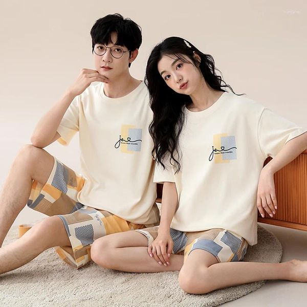 Vêtements de nuit pour femmes Summer Couple Pyjama Set Coton Hommes et femmes Pijamas à manches courtes