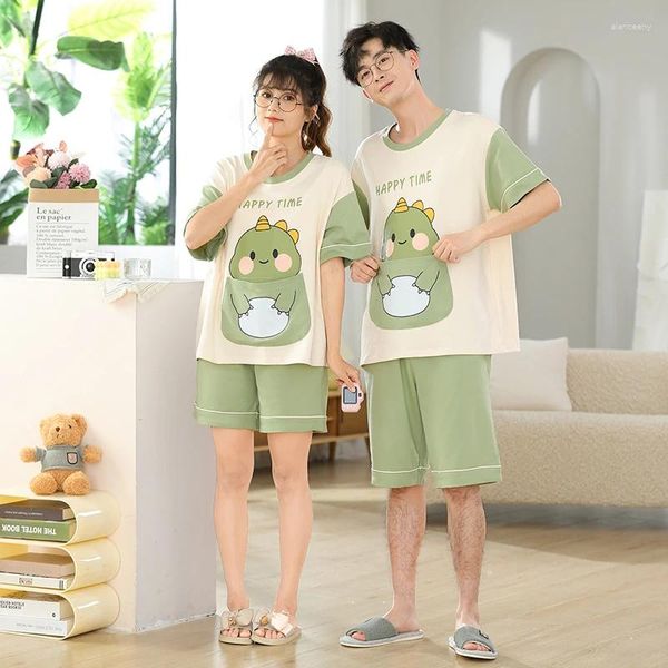 Vêtements de nuit pour femmes Couple d'été Femmes Hommes Pyjama Ensembles Vêtements de maison Dessin animé Dinosaure Coréen Lâche Col Rond Pyjama Coton Adulte Unise