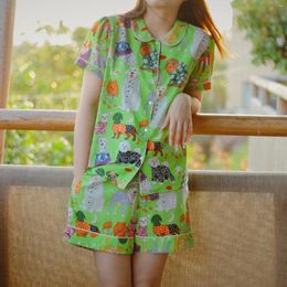 Dames nachtkleding zomer schattige pop kraag groene hond korte mouw shorts dunne katoenen pyjama set huiskleding