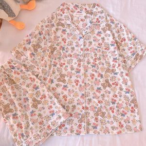 Vêtements de nuit pour femmes été mignon fleurs ours pyjamas femme coton à manches courtes Shorts japonais dames lâche décontracté vêtements de maison