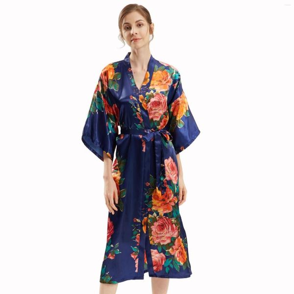 Ropa de dormir para mujeres verano imitación de comercio exterior seda satén a mano pintada a mano pintada larga kimono bañera de baño de una pieza