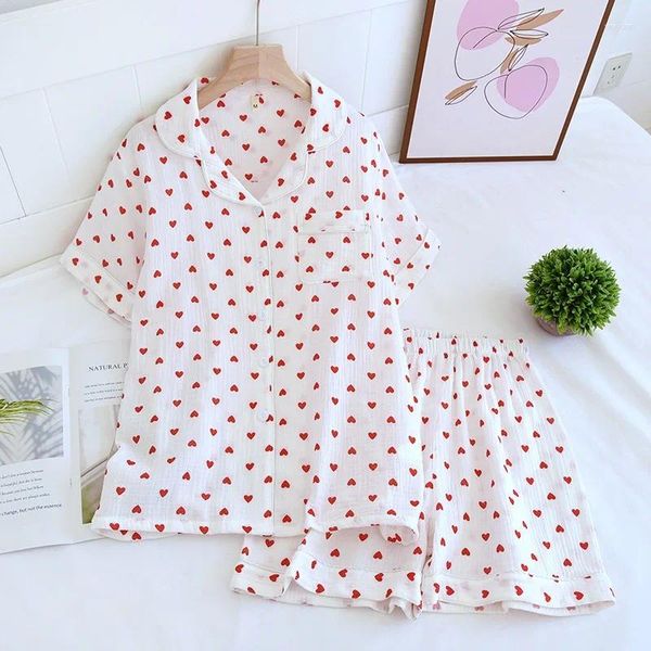 Ropa de dormir para mujer Verano Estilo japonés Dulce Crepe Algodón Kimono Pijamas Solapa Dibujos animados Lindo Impresión Suelta Loungewear Mujeres 2 piezas