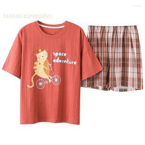 Vêtements de nuit pour femmes Été Tricoté Coton Mignon Dessin Animé Pyjamas Ensemble Femmes Pyjamas Casual Plaid Courte Nuit Manches Homewear Mode