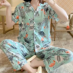 Vêtements de sommeil pour femmes en tricot en tricot pyjamas floral ensemble pyjamas pyjamas sommiers élégants vêtements de nuit pijama mujer manches courtes pantalons de maison 230421