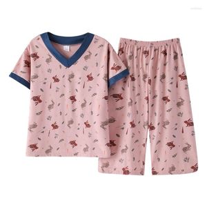 Vêtements de nuit pour femmes été tricoté coton femmes pyjamas ensemble dessin animé Pijamas à manches courtes col en v décontracté doux ample 3XL pyjamas