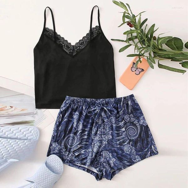 Vêtements de nuit pour femmes pyjamas de dentelle d'été short top short en deux pièces pijamas décontractés.