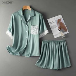 Dames slaapkleding Zomer nieuwe ijs zijde 2 stks pyjama set voor dames casual korte mouwen pyjama's groene los passende pyjama's zoete kanten huiskleding wx