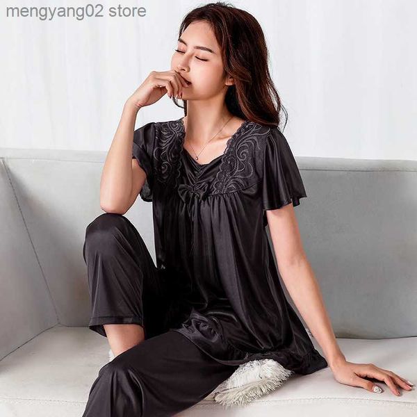 Ropa de dormir para mujer Camisón de verano Mujer Satén Seda Pantalones de manga corta Traje Mujer Encaje de mediana edad Oversized M-5XL Pijamas Conjunto de dormitorio T230523