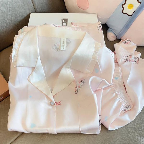 Ropa de dormir para mujer Pijama de verano Mujer Seda de hielo Versión coreana de dibujos animados Pink Candy Lace Pantalones cortos de manga corta Ropa de hogar dulce