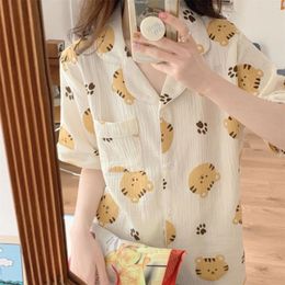 Dames Nachtkleding Zomerpyjama 2 Stuks Cartoon Afdrukken Vrouwen Pijama Katoen Gaas Vrouwelijke Slaapkamer Set Vrouw Loungewear Homewear