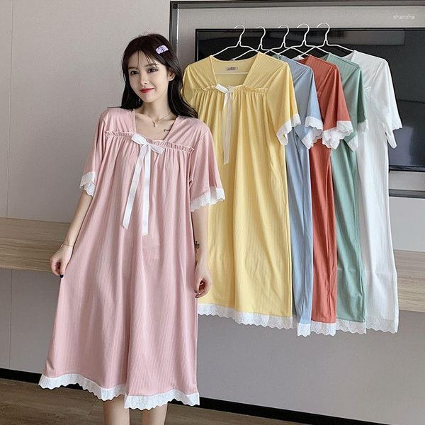 Ropa de dormir para mujer, vestidos de pijamas de verano, retazos de encaje, vestido de noche coreano dulce, camisón de mujer, lencería de manga corta, camisón de moda