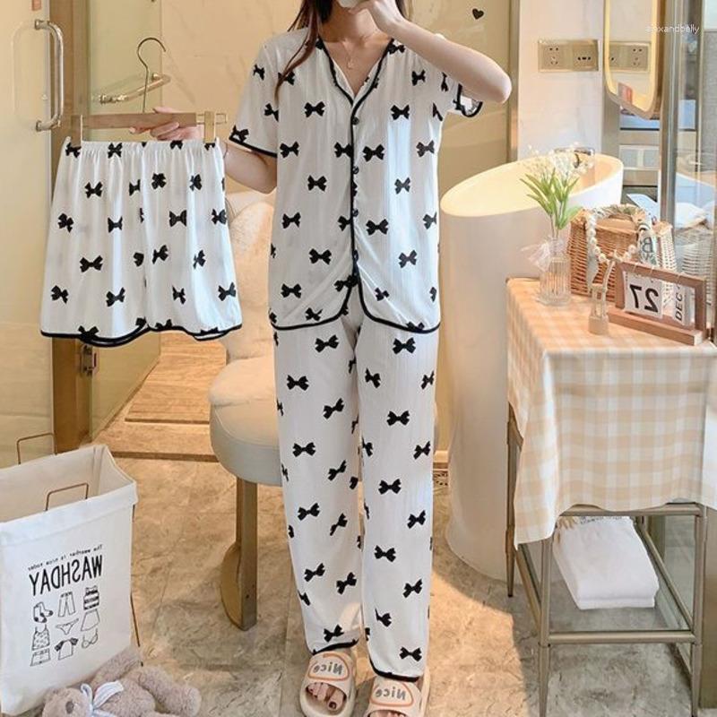 Women's Sleepwear Summer Pajamas Set Thin Short-sleeved Shorts And Trousers Three-piece Cardigan Female Student