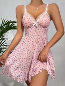 Dames nachtkleding zomer roze pyjama sexy jurk bloemen bedrukt kant voor dames thuis V-hals met riem hemdje nachthemd