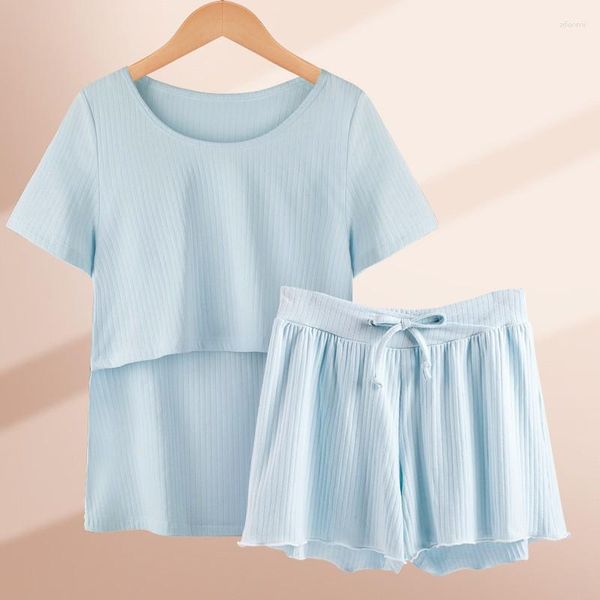 Vêtements de nuit pour femmes été femmes enceintes coton famille costume allaitement 2 pyjamas lait ceinture haut et short