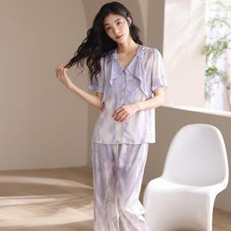 Vêtements de nuit pour femmes Ensemble de pyjama imprimé d'été Soie glacée Violet clair Col à volants Bouton Manches courtes Vêtements de nuit Modèles de niche Vêtements de nuit