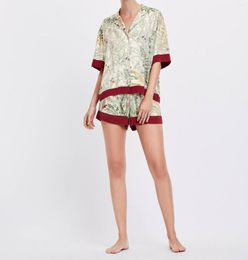 Dames slaapkleding zomer drukkerij korte mouw shorts pyjama helft turn down kraag satijnen loungewear vrouwen pijama sexy lingerie pyjama's huis