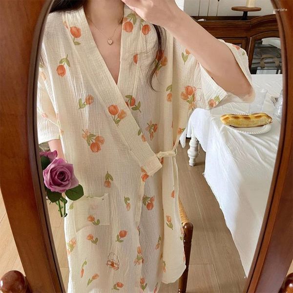 Ropa de dormir para mujer Camisón de gasa de algodón puro de verano Camisón con estampado floral de encaje para mujer Kimono japonés Albornoz fino Pijamas Ropa de dormir