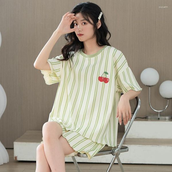 Ropa de dormir de Mujer, Conjunto de Pijama de algodón puro de verano para jóvenes, Pijamas de rayas verdes claras, ropa de descanso Kawaii Cherry Girl para Mujer