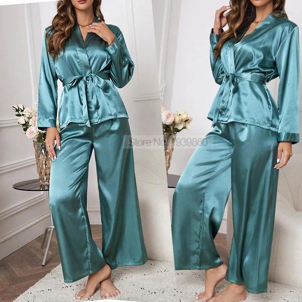 Ropa de dormir para mujer Summer Rayon Loungewear con cuello en V Dos PJS Pijamas Traje Cintura elástica con cinturón Mujeres Casual Shirtpants Set Ropa para el hogar