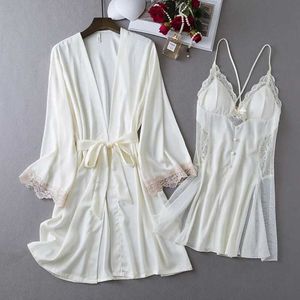 Vêtements de nuit pour femmes Satin Kimono Robe de salle de bain 2pcs Sleep Set Bridal Wedding Underwear Womens dentelle Pajamasl2405