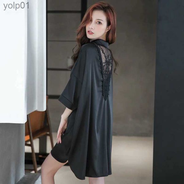 Ropa de dormir para mujer Verano Satén Seda Ropa de dormir para mujer Camisa Vestido de noche Corto Sexy Sleepshirt Black Lace Ladies Nightgown Shirt Girl NightdressL231109