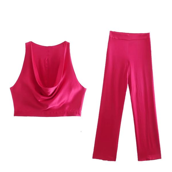 Vêtements de nuit pour femmes été Satin femmes pyjamas ensemble col en v sans manches recadrée débardeurs taille pantalon printemps Vintage soie vêtements de nuit maison costume 230316