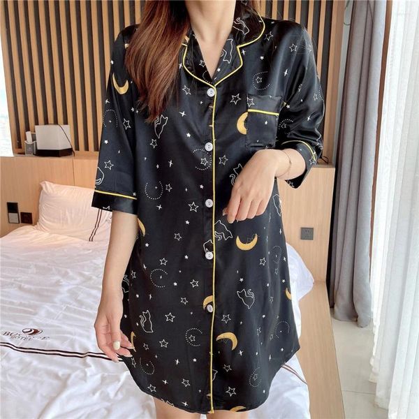 Ropa de dormir para mujer Verano Satén Mujer Camisa Pijamas Camisón Corto Sexy Seda Sleepshirt Suelto Señoras Chica Camisón