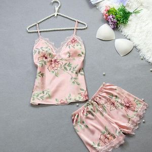 Dames Nachtkleding Zomer Sexy Satijn Kant Koreaans 2-delig Set Voor Vrouwen Lingerie Mouwloos Dames Bloem Elegant Borst Pad Pyjama Pak