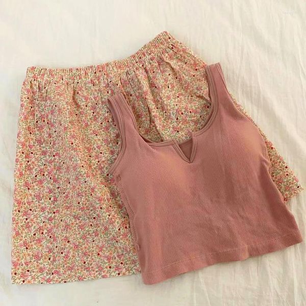 Ropa de dormir para mujer, lencería sexy sin mangas de verano, algodón con cuello en V, chaleco de Color puro, pantalones cortos estampados, conjuntos de 2 piezas, ropa de dormir, conjunto de pijamas para mujer