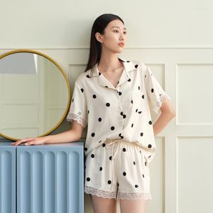 Vrouwen Nachtkleding Zomer Zijde Polka Dot Dunne Korte Mouw Shorts Pyjama Set Vest Zak Thuis Kleding Tweedelige