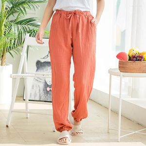 Ropa de dormir de verano para mujer, pantalones de crepé de algodón, pantalones finos para parejas, ropa de punto sólida antimosquitos para el hogar para mujer