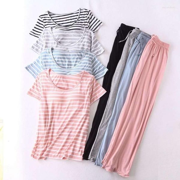 Ropa de dormir para mujer Verano Rayas Modal Algodón Almohadilla para el pecho Ropa para el hogar Pantalones de manga corta Pijamas Conjunto suelto Ropa deportiva de gran tamaño E64