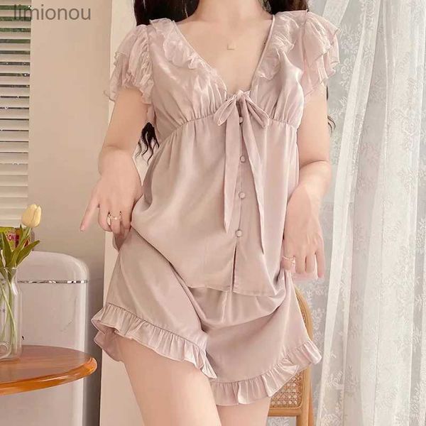 Vêtements de nuit pour femmes été doux col en V à manches courtes deux pièces ensemble dentelle vêtements de nuit nœud avant Shorts Satin Lingerie Homewear vêtements de nuit sexy en soie PjsC24319