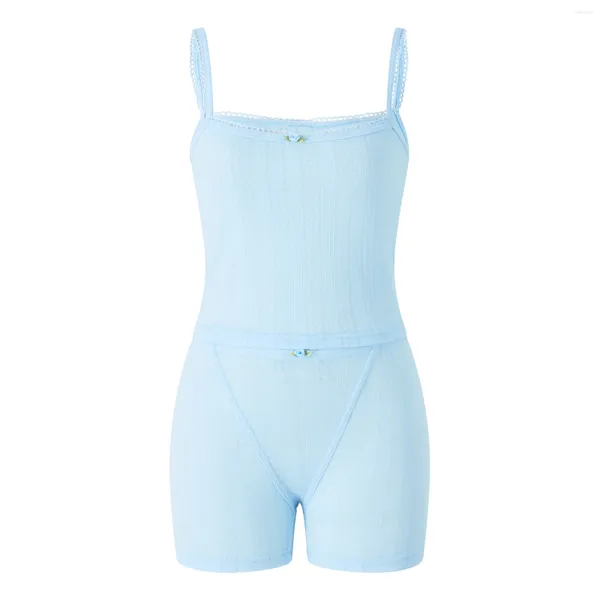 Ropa de dormir para mujer Verano Mujeres 2 piezas Conjuntos de pijamas Lace Trim Crop Camis Cintura alta Elástico Mini Shorts Y2k Dos Traje Loungewear