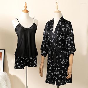 Vrouwen Nachtkleding Zomer Vrouwen 3 STUKS Pyjama Set Zwart Print Brief Faux Zijde Satijn Kimono Badjas Gown Losse casual Thuis Kleding