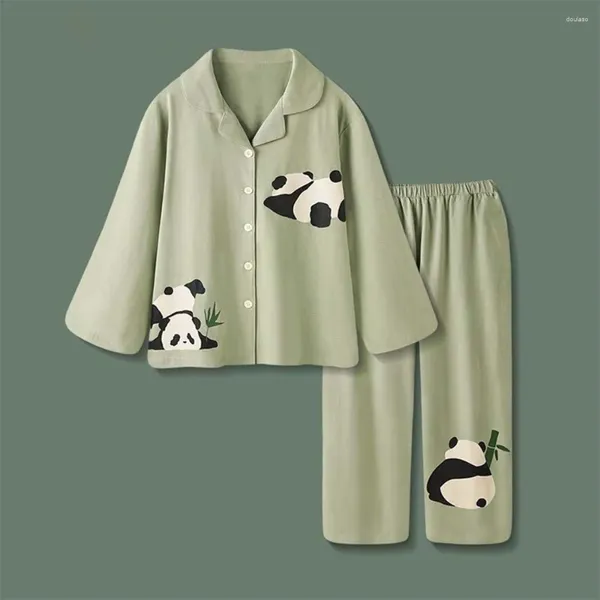 Ropa de dormir de verano para mujer, pijama con estampado de Panda de bambú, conjunto de Pijamas de manga larga, Pijamas de dibujos animados de algodón suave de talla grande 3XL