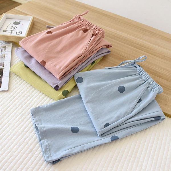 Ropa de dormir de verano para mujer, ropa de salón de algodón, pantalones de pijama informales de lunares, pantalones holgados para chicas jóvenes, pijama de lencería dulce