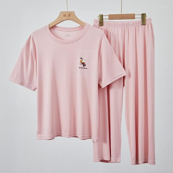 Ropa de dormir para mujer, conjunto de pijamas de Modal de verano para mujer, ropa de dormir de moda sólida con cuello redondo, lencería Sexy, pijama, traje informal para niñas, ropa de casa