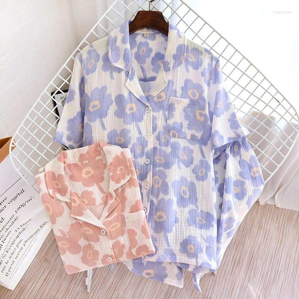 Vêtements de nuit pour femmes Pyjama Pyjama 2 pièces Cotton Gauze mignon Print de fleur Côtes courtes Générations Ladies en dentelle.