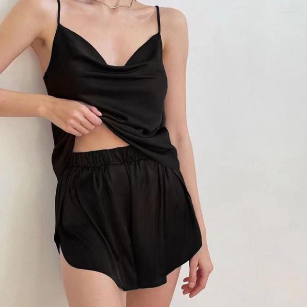 Ropa de dormir para mujer, conjunto de pijamas de verano para mujer, Top corto con tirantes, traje de Pijama informal de satén sedoso sin espalda, ropa para el hogar, trajes