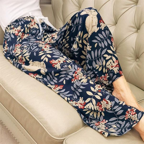 Ropa de dormir para mujer, pantalones de verano para mujer, pijama estampado de pierna ancha, pantalones para dormir, deportes, hasta la pantorrilla, cintura elástica, ropa informal