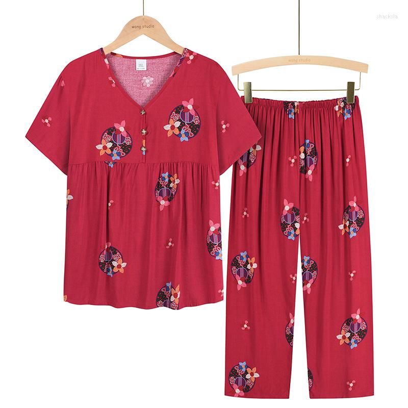 Women's Sleepwear Summer Womens Clothes Arrival 2023 Loose Short-Sleeve Pijamas Sets Home Cotton Plus Size Mother Lounge Calf-Length Pants