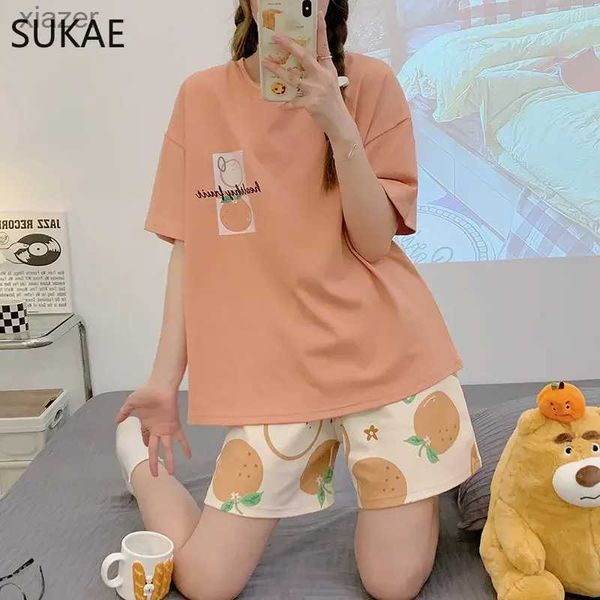 Vections pour femmes Summer Femme Pyjamas Coton Coton Pyjamas Kawaii Orange Cartoon Pajama imprimé Set Young Womens Shorts dessiné sous-vêtements WX