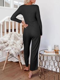 Dames nachtkleding trui jumpsuit voor dames Lange mouw Wafelgebreide knop Wijde pijpen broek Romper Overalls Zwangerschapsbodysuit met zakken