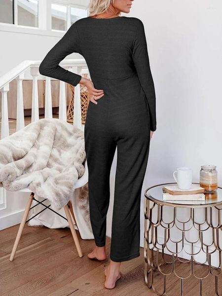 Ropa de dormir para mujer Suéter Mono para mujer Manga larga Punto de gofre Botón Pantalones de pierna ancha Mono mameluco Mono de maternidad con bolsillos