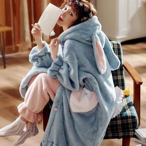 Vêtements de nuit pour femmes Sweet Cartoon Longues oreilles de lapin Flanelle Chemises de nuit Femmes Robe en peluche Kawaii Chemise de nuit à capuche Coral Fleece Pyjamas Set