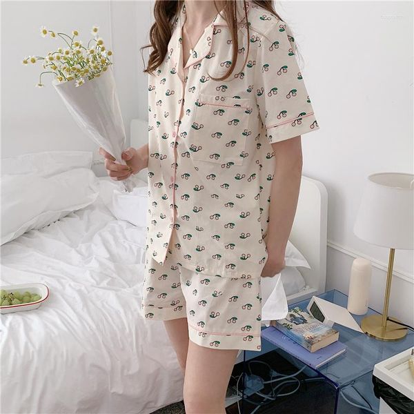 Vêtements de nuit pour femmes imprimé cerise douce ensemble de pyjamas d'été femmes chemises à simple boutonnage hauts Shorts coton coréen vêtements de maison