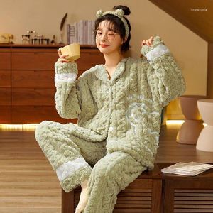 Dames Nachtkleding Zoet Schattig Groen Meisje Flanel Huiskleding Set Koraal Fleece Verdikte Pyjama Dames Herfst Winter Pluche Toegevoegd Casual