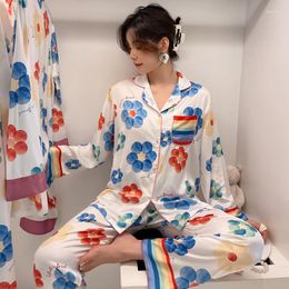 Damen-Nachtwäsche, süßes süßes Damen-Pyjama-Set, kreativer Druck, Blumen-Hosenanzüge, Frühlings-Herbst-Langarm-Satin-Nachtwäsche, Heimkleidung