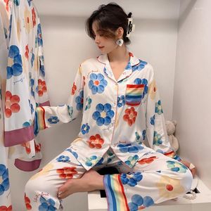 Vêtements de nuit pour femmes Sweet Cute Femmes Pyjamas Set Creative Imprimer Fleur Pantalon Costumes Printemps Automne Manches Longues Satin Nightwear Home Wear